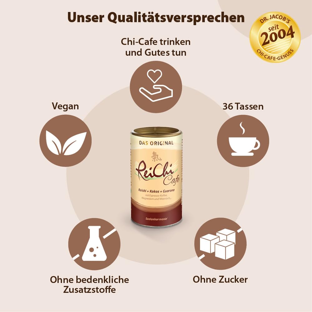 Veganer ReiChi Cafe von Dr. Jacob's I mit Reishi-Pilz I Guarana, Ginseng Extrakt I mit Magnesium, Vitamin B12, löslicher Kaffee I Vitalpilz Rei-Chi Kaffee 180 g Dose I 36 Tassen 3