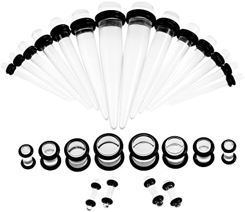 CrazyPiercing 36pcs Ear Gauges Kit Clear Acrylic Tapers and Plugs Double O-Rings 14G-00G Stretching Kit