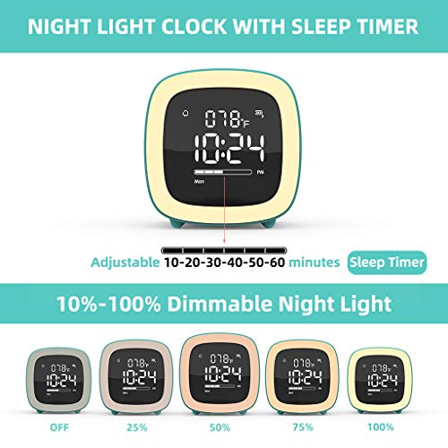 Kids Alarm Clock, Cute-TV Night Light Alarm Clock for Kids, Girls, Children, Bedroom, Rechargeable Battery Operated Alarm Clock with Sleep Timer, Indoor Thermometer - Cyan