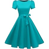 tagunop Women's Boatneck Vintage 1950s Cocktail Party Dress with Puff Sleeves