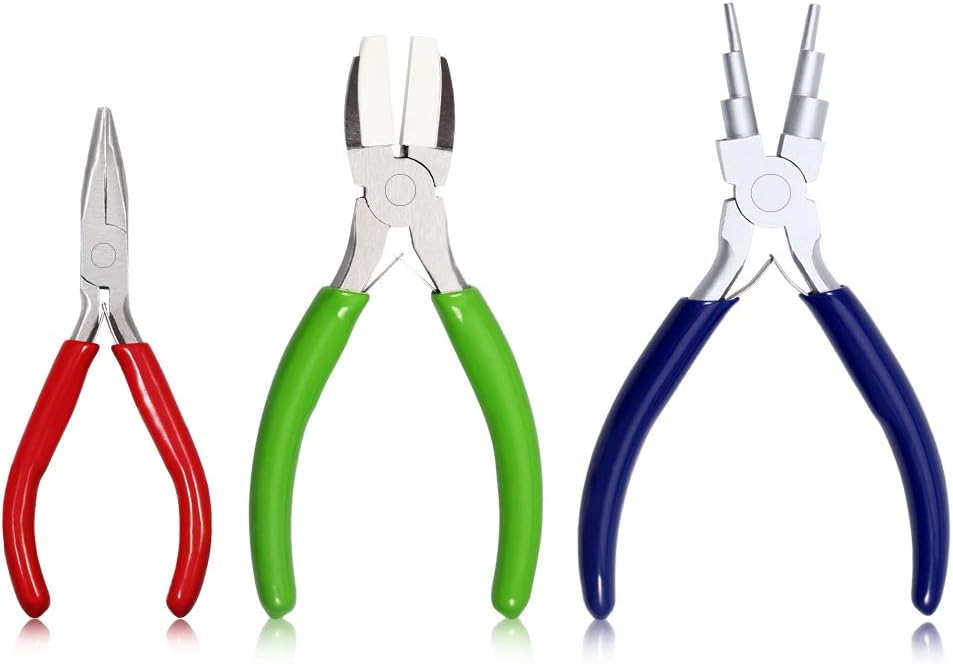 SPEEDWOX Mini Flat Nose Bent Nose Pliers 5 Inches - Nylon Jaw - 3 Pcs Jewelry Making Tool Set, Multicolour, Medium