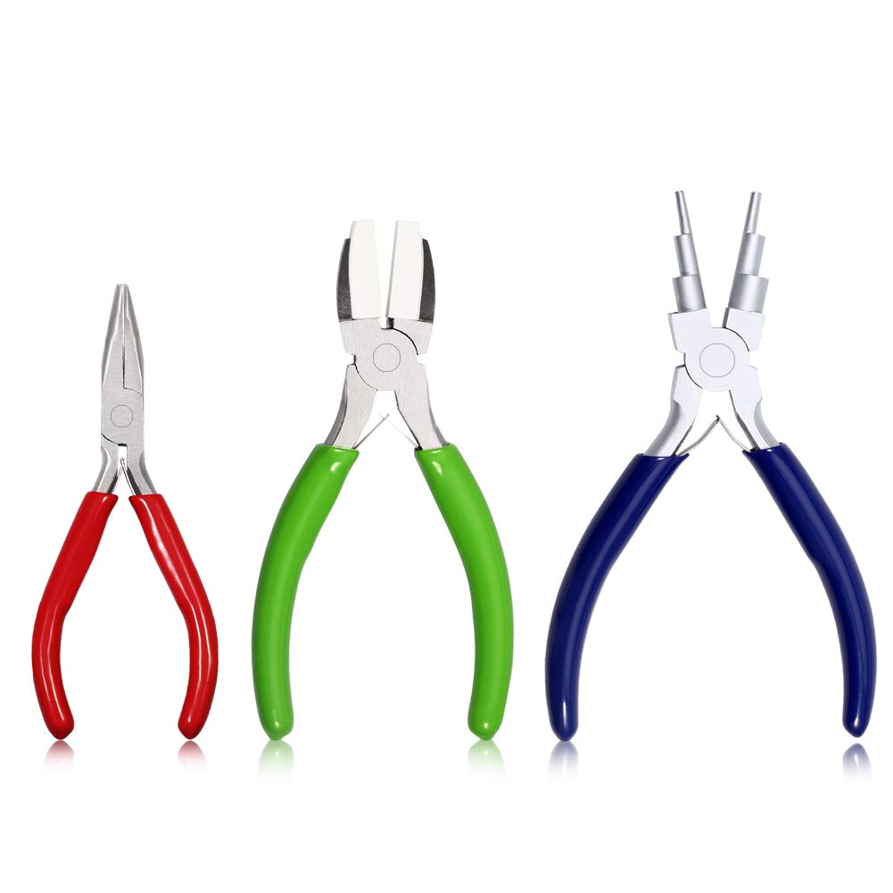 SPEEDWOX Mini Flat Nose Bent Nose Pliers 5 Inches - Nylon Jaw - 3 Pcs Jewelry Making Tool Set