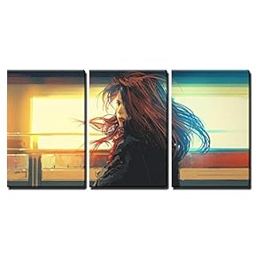 Beautiful Woman Standing Against Colorful Lights Digital Painting x3 Panels