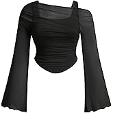 WDIRARA Women's Plus Size Off Shoulder T Shirt Asymmetrical Neck Ruched Bell Long Sleeve Sleeve Top