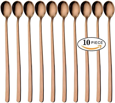 10 Pcs 9-Inch Long Handle Teaspoons, Coffee Spoon and Ice Cream Spoon, Dessert &amp; Milkshake Spoon, Fruit Juice Long Spoon, 18/8 Stainless Steel Spoons, Color Rose Gold