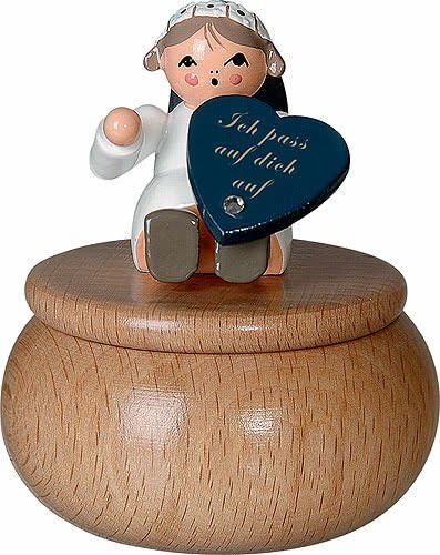 KWO 75667 German Christmas Figurine Holy Gurdian Angel On The Wooden Box " Ich pass aud Dich auf / I keep on eye on you " - KWO for German Wood Angel - Males -