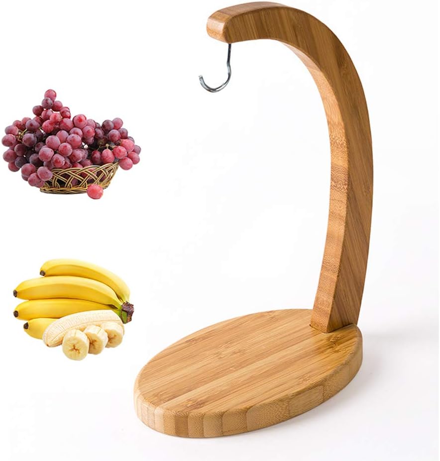Yonly Bamboo Wood Banana Hanger, Modern Banana Grape Holder Hooks