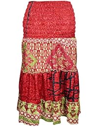 Women’s Gypsy Skirt Red Printed Sari Boho Chic Tube Dress S/M