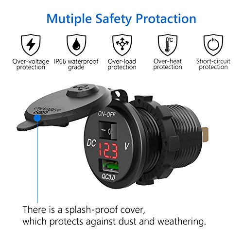 HiGoing 12V/24V Marine USB Outlet, Waterproof QC3.0 USB Charger Socket with Voltmeter Monitoring and On/Off Switch for Car Boat Motorcycle Mobile (Updated with QC3.0)