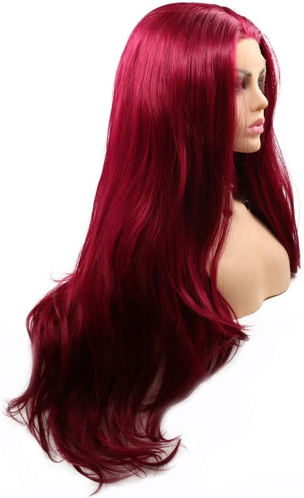 SereneWig Ladies Dark Red Synthetic Lace Front Wigs for Women Cosplay Party Replacement Mermaid Red Real Natural Red Color Long Wavy Synthetic Hair Drag Queen Wigs 24" - Image 4