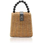 QTKJ Fashion Women Hand-Woven Wicker Shoulder Bag with Removable Leather Shoulder Strap Summer Vintage Beach Straw Crossbody Bag Beaded Handle Tote Bag