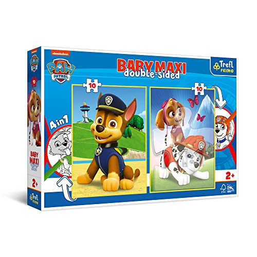 Trefl Primo - PAW Patrol Team - 4in1: Puzzle 2x10 elementi grandi, due pagine da colorare sul retro,con gli eroi della fiaba Paw Patrol, divertimento per bambini dai 2 anni