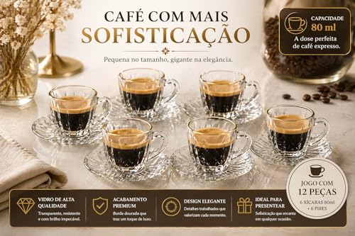 Jogo de Xícaras de Café Expresso com Pires 80ml em Vidro com Borda Dourada – Conjunto com 12 peças Elegantes (80 Millilitros)