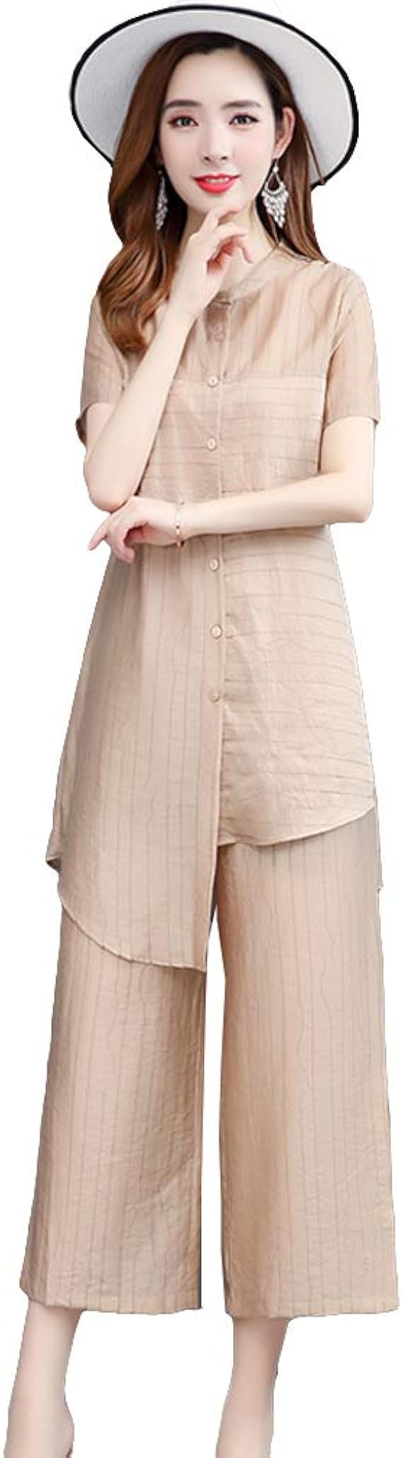 Amazon Zuomaワイドパンツセットアップ レディース カーディガンシャツ 九分丈パンツ カジュアル 夏服 不規則シャツ ロング スリットズボン ツーピース 涼しげ パンツスーツ 普段着 Ol通勤 お出かけ パンツスーツ 通販