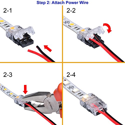 LED Strip Connector Kit 10mm 2 Pin With Extension Wire UL Listed 9.8 Feet/3 Meter 20 Gauge 2 Conductor, SMD5050 Strip to Power Lead and Strip to Strip Jumper, Non-waterproof Use. 5 Connector Packed.