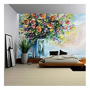 Original Oil Painting of Beautiful Vase or Bowl of Fresh Flowers. on Canvas.Modern Impressionism, Modernism,Marinism - Removable Wall Mural | Self-Adhesive Large Wallpaper - 66x96 inches