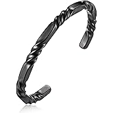 Hisatan Stainless Steel Mens Cuff Bracelet, Minimal Twist Cool Antique Retro/Silver/Black Open Metal Cuff Bangle Bracelets for Men, 65/70mm
