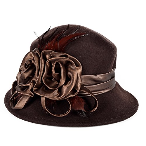 Women's Wool Church Dress Cloche Hat Plumy Felt Bucket Winter Hat (Floral-Brown)