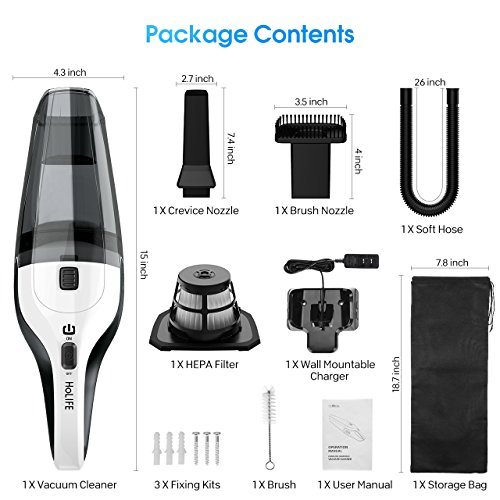 Cordless Hand Vacuum Cleaner, HOLIFE Handheld Vacuum Portable Car Vacuum Cleaner Lightweight Hand Vac with 4Kpa Suction, Rechargeable 2200mAh Lithium Battery, Multifunctional Attachments, HEPA Filter