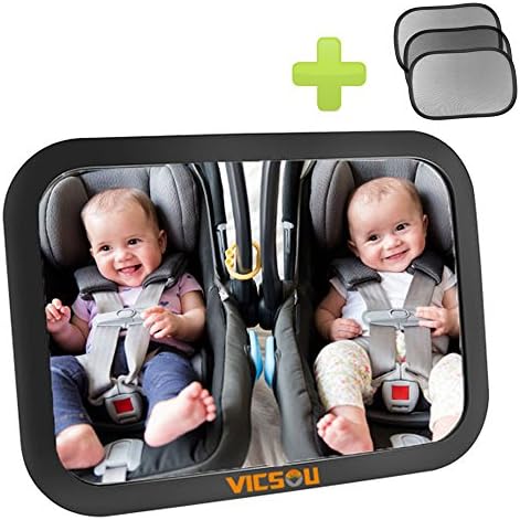 Baby Car Back Seat Mirror, View Rear Facing Infant in Backseat, Convex and Shatterproof Glass, Fully Assembled Crash Tested, Distinctive Anti-Vibration Gear Design, With 3 Packs Of Sunshades By Vicsou