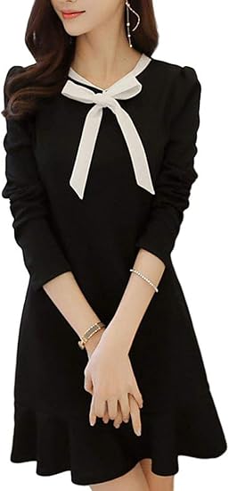 Amazon ヒロハン ミニワンピース リボン Aライン フレアー チュニック 長袖 清楚 フォーマル 黒 白 レディース キレイめ オールシーズン 春 夏 秋 春夏 春秋 ハル ナツ アキ サマー スプリング オータム 可愛い カワイイ オシャレ お洒落 御洒落