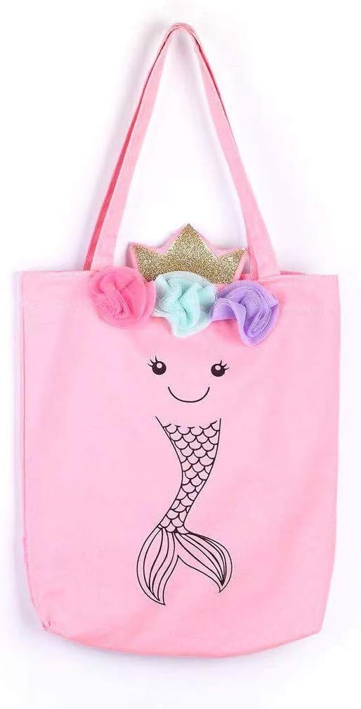 Girl's Canvas Cotton 3D Mermaid Tote Shoulder Bag, Pink
