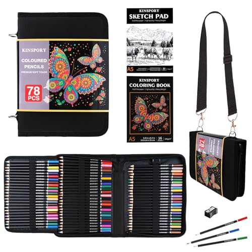 KINSPORY 78PCS Coloring Pencils with 3.0mm Soft Leads, 50-Sheet 3-Color Sketch Book, Sketching Kit with Adjustable Shoulder Strap - Art Set Gift for Adults Artists Beginners Teens Girls Boys