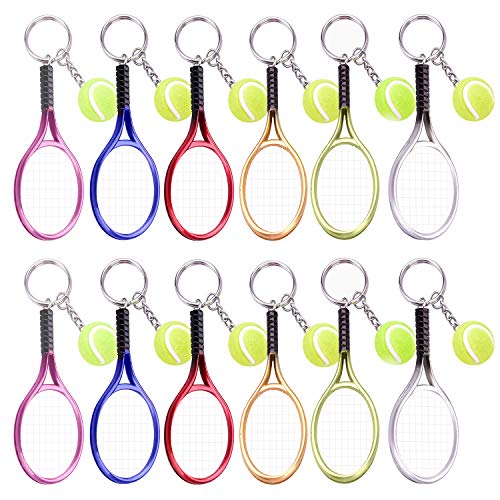 Ancefine 12 Pieces Tennis Racket Keychain Key Ring Metal Tennis Ball Split Ring,6 Color - Thumbnail 7