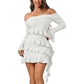 Kaei&Shi Off Shoulder Ruffle Mini Dress,Long Sleeve Bodycon Short Dresses,Sexy Birthday Outfit for Women Going Out Date Night