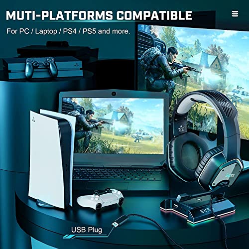 EKSA E1000 USB Gaming Headset for PC - Computer Headphones with Microphone/Mic Noise Cancelling, 7.1 Surround Sound Wired Headset & RGB Light - Gaming Headphones for PS4/PS5 Console Laptop (Gray)