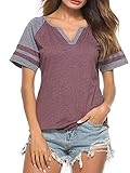Famulily Women's Casual V Neck Tops Short Sleeve Colorblock Raglan Baseball Tee Shirt