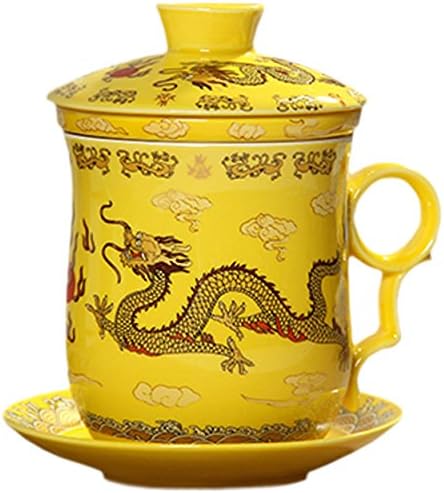 BandTie Convenient Travel Office Ceramics Teacup Loose Leaf Tea Brewing System-Chinese Jingdezhen Blue and White Porcelain Tea Cup Infuser 4-Piece Set with Tea Cup Lid and Saucer (Yellow Dragon)