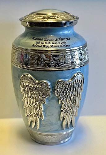 Angel Wings Blue Mother of Pearl Brass Funeral Cremation Urn, Adult Memorial Ash Urn with Personalisation - Thumbnail 2