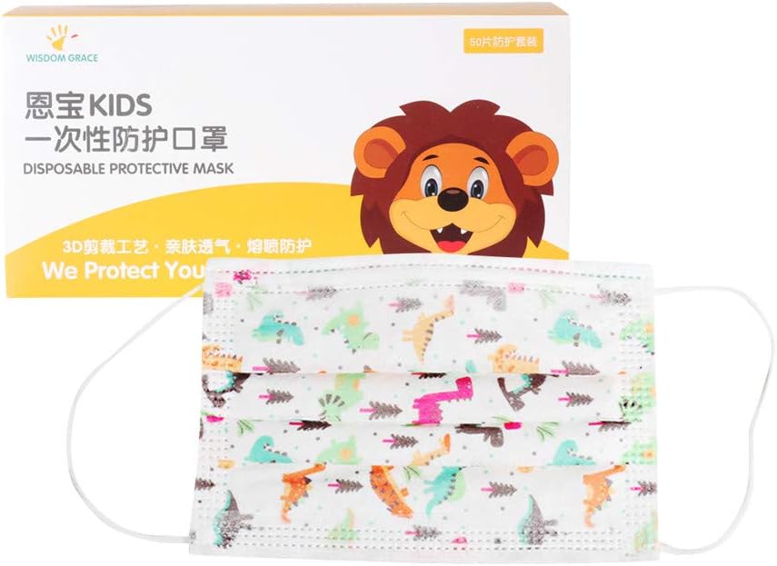 SHUBHU Children Disposable Face Cover Dinosaur Printing Dust-Proof Three-Layer Cotton Mouth Cover 50PCS