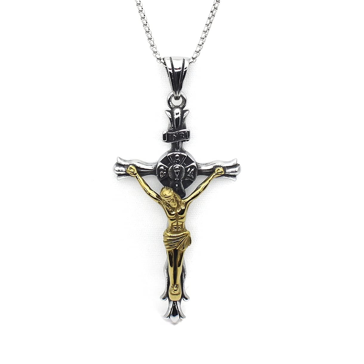 MayiaHey Cross Crucifix Pendant Necklace for Men, Catholic Jesus Christ Cross Necklace Stainless Steel Jesus Cross Religious Necklace (Gold)