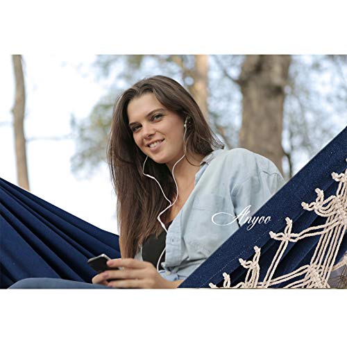 Anyoo Hängematte Outdoor Große Baumwoll Hängematte mit Baum Gurten, Bequem und Atmungsaktive Hängematte mit Fransen für Garten Terrasse Balkon Hof Strand Dunkelblau – Bild 5