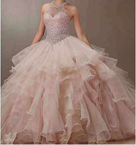 BessDress Halter Sheer Neck Formal Party Gown Multi Layers Wedding Guest Gown BD084