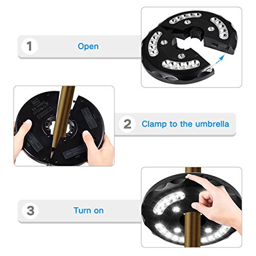 OYOCO Patio Umbrella Lights 3 Brightness Modes Cordless 24 LED Lights- 3 x AA Batteries Operated, Umbrella Pole Light for Patio Umbrellas,Camping Tents or Outdoor Use - Thumbnail 3