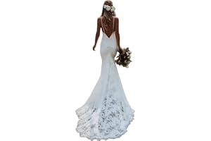 BOFDUFO Wedding Dress for Bride Boho Beach Lace Appliques Mermaid Bridal Gowns with Train