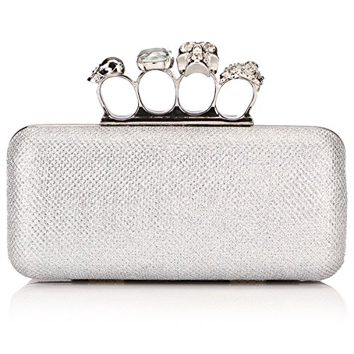 HSG Elegant Glitter Skull Four Rings Knuckle Gothic Rectangle Dazzling Eveing Clutches Purses(Silver)057