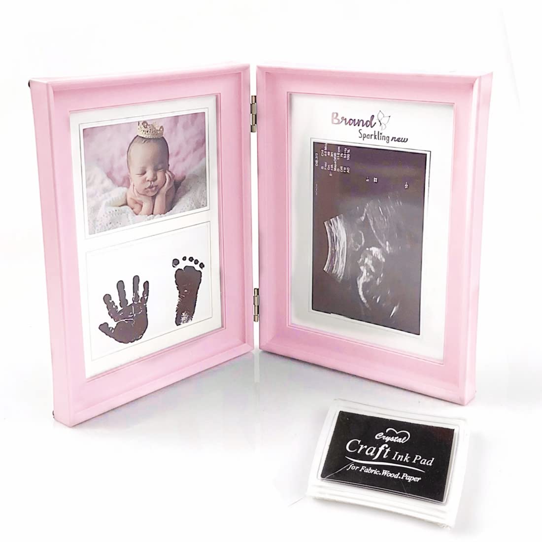 Baby Scan Sonogram Picture Frame Newborn Triple Ultrasound Photo Frame Baby Monthly Growth Milestone Picture Frame Memorable Handprint Frame Pregnancy Keepsake New Parents Gift Box Decorations (Pink)