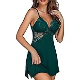 CHICME Lingerie for Women Lace Chemise Side Slit Modal Nightgowns V Neck Backless Sleepwear Babydoll Dress