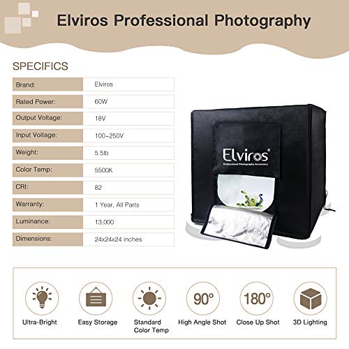 Photo Light Box, Elviros Professional 24''x24''x24'' Portable Photo