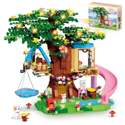 kiothdre Tree House Construction Set Compatible with Friends, Tree House Kit for Girls 731 Pieces with LED Light, Cat, Slide and Hanging Hammock, Christmas Birthday Gifts for Girls 6-12 Years Old