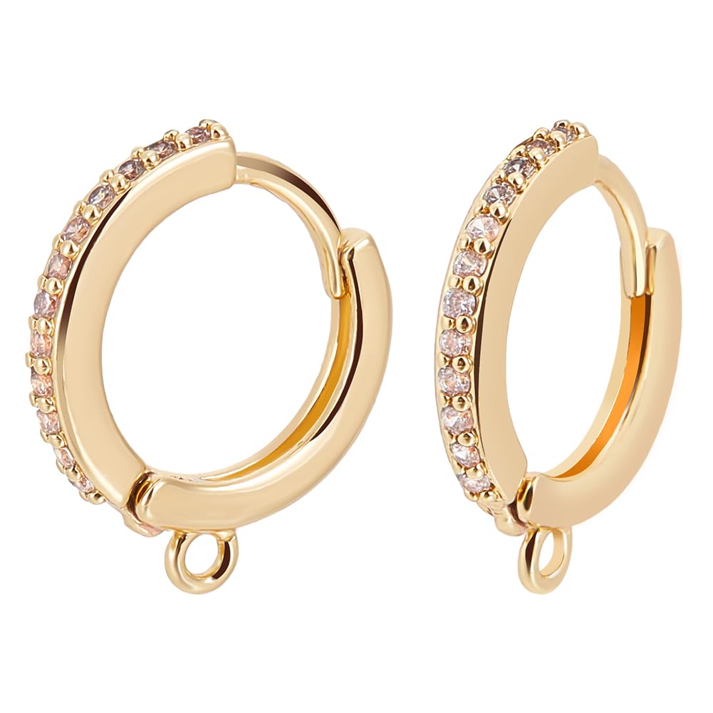 Beebeecraft 1 Box 10Pcs Round Leverback Hooks 18K Gold Plated Cubic Zirconia Huggie Hoop Earring Findings with loop for DIY Earring Jewellery Making