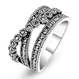 Mytys Retro Vintage Chic White Gold Plated Gray Marquise Crystal Tiny Roses Cocktail Ring