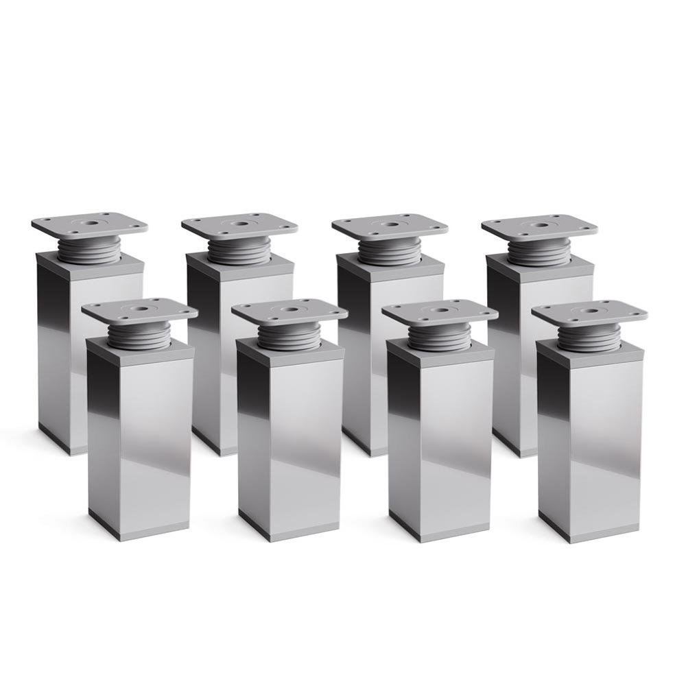 sossai® MFV1 designer furniture feet, height adjustable, set of 8, square profile: 40 x 40 mm, colour: chrome, height: 80 mm (+20 mm), material: aluminium, wood screws included