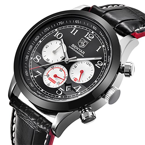 BENYAR Mens Watches Sport Chronograph Waterproof Watch For Men Black Luxury Genuine Leather Quartz Watch (Black Red)