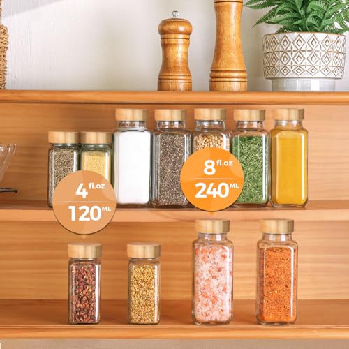 ComSaf 4oz 24Pcs Glass Spice Jars with Bamboo Lids, Empty Spice Containers with 93 Labels, Square Seasoning Containers Trial and Supplement Set, Small Seasoning Bottles for Salt, Herbs, Sugar, Pepper