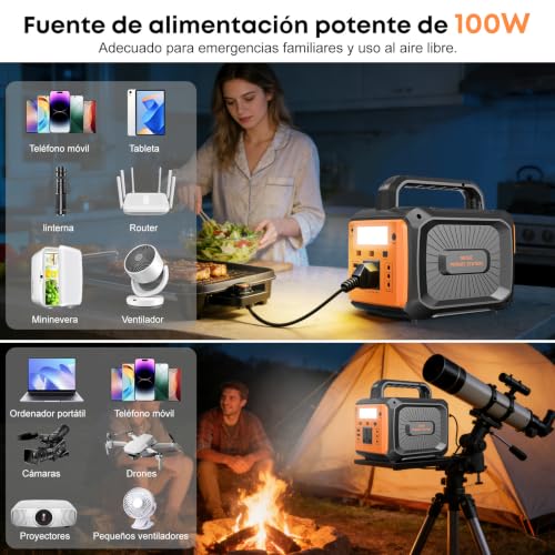 Banco de Energía Portátil, Bateria de Emergencia para Casa con Iluminación LED y Reproductor de Música,Cargador Multipuerto-3 DC, 1PD 2 USB y 1 AC, Estacion de Energia para Exteriores Campamento